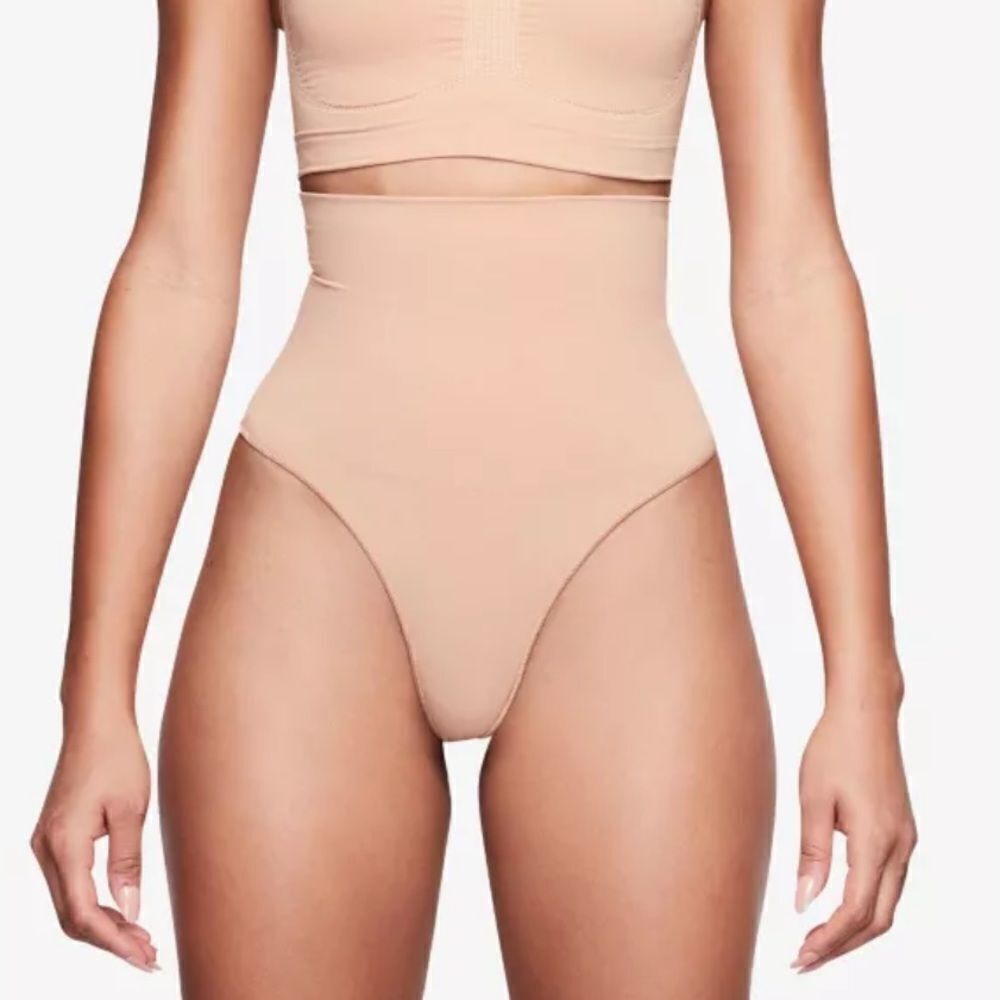 SKIMS Seamless Sculpt Mid Waisted Core Control Thong In Mica Shaping Shapewear